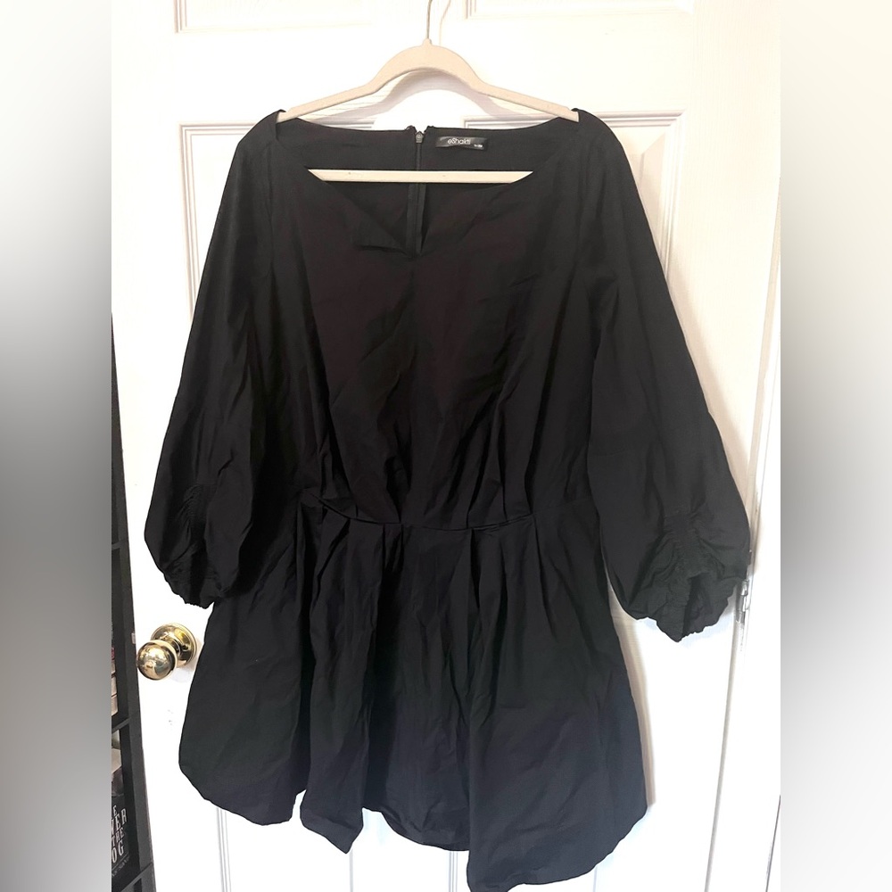 eShakti Black Mini Dress with Puff Sleeves